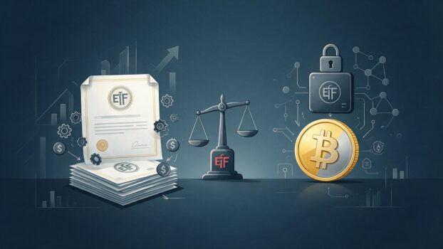 Crypto ETF versus buying Bitcoin directly — comparison illustration